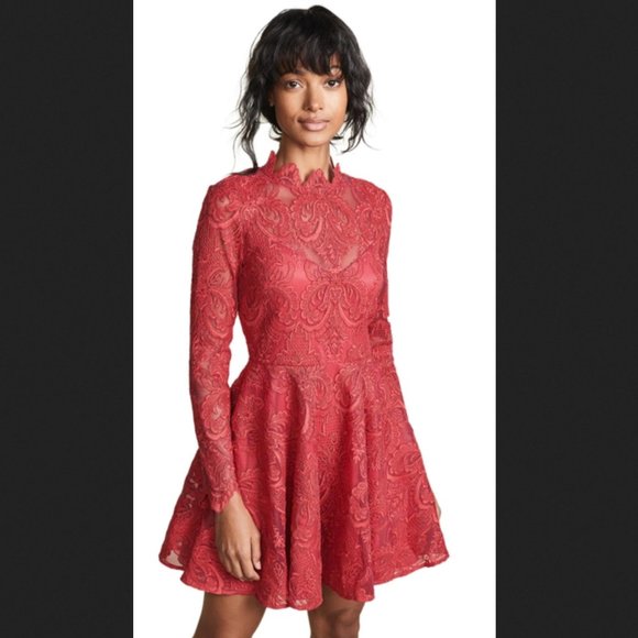 Saylor Rita Long-Sleeve Mini Dress in Corded Lace Raspberry Red Sz Medium - Picture 3 of 15